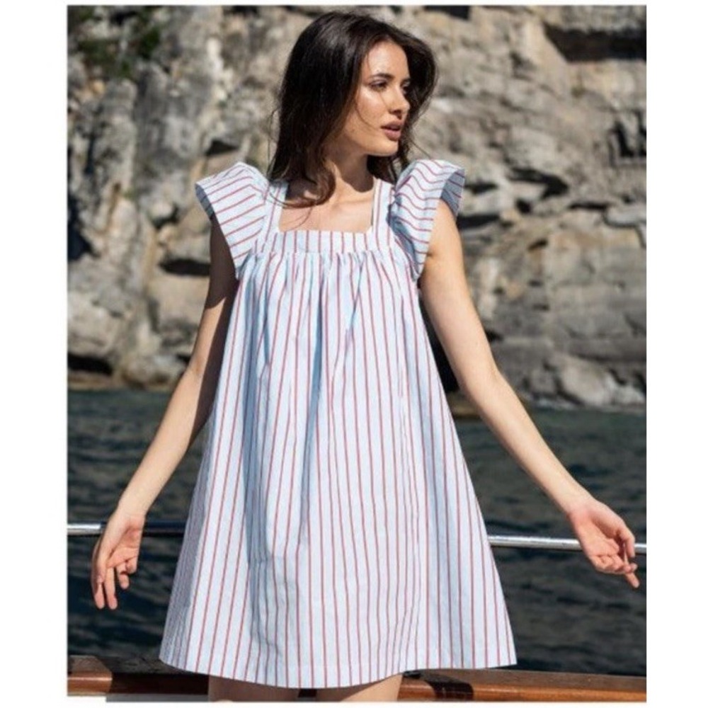 Mersea Capri Mini Dress Nautical Square Neck Striped Blue Size L Coastal